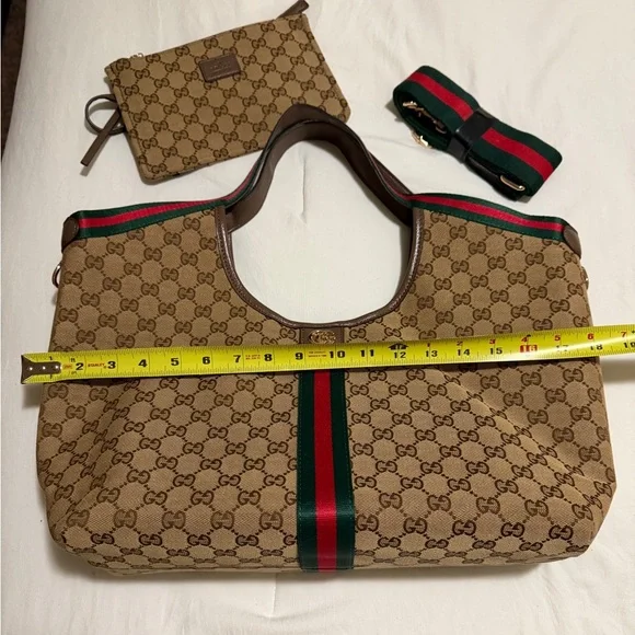 Brown Tote Bag with Green and Red Stripes - Picture 2 of 4